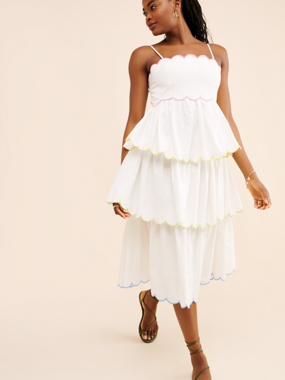 $175 English factory White Tiered Scallop-Trim Midi Dress - White small s